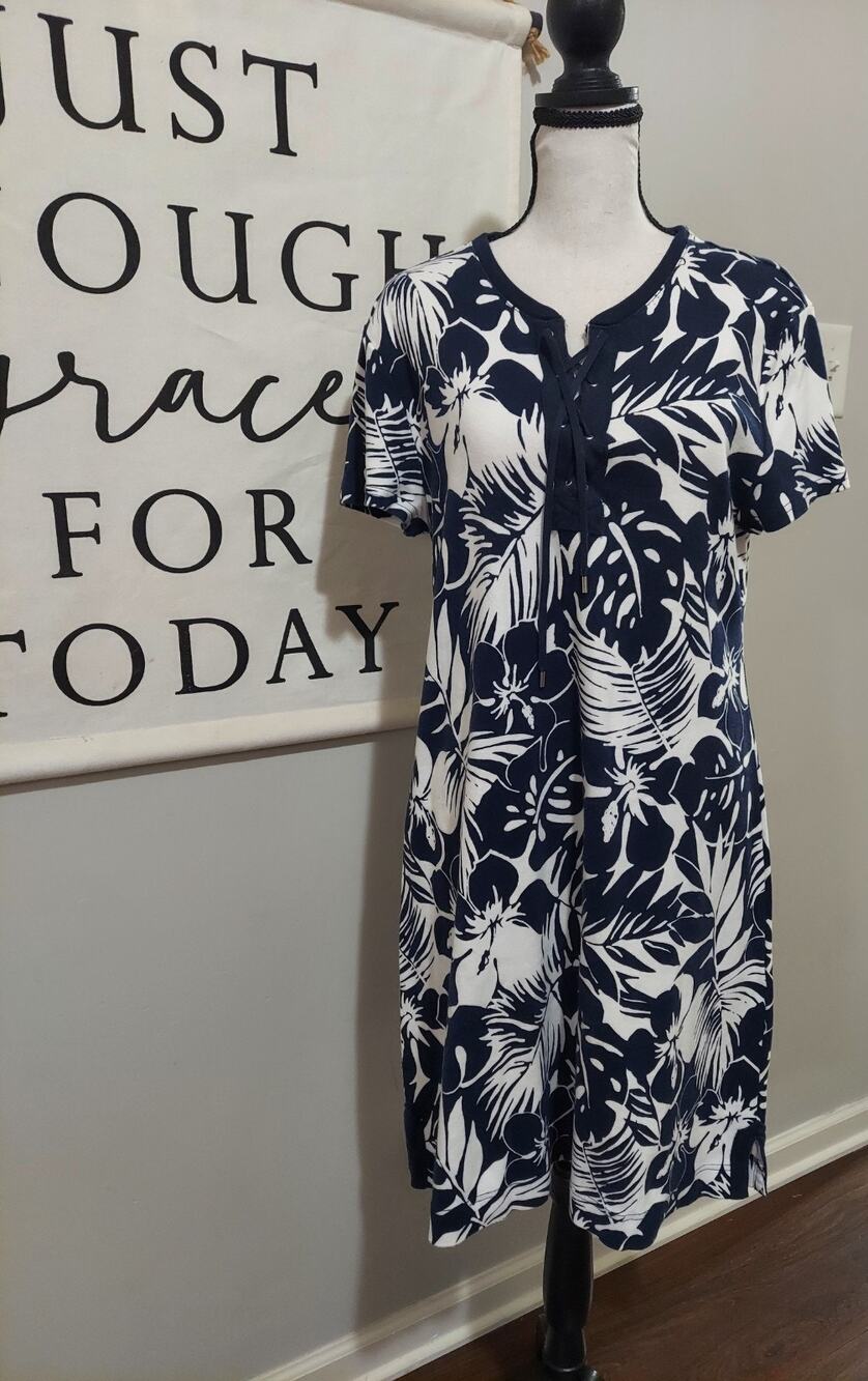 Chaps Navy Blue & White Tropical Floral Lace-Up T-Shirt Dress XL Excellent Cond!